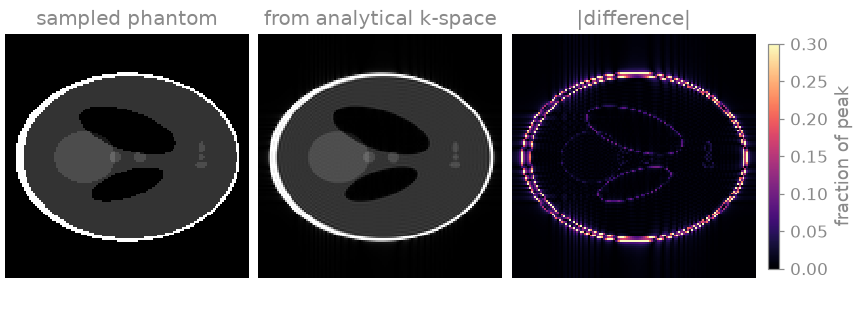 sampled phantom, from analytical k-space, |difference|