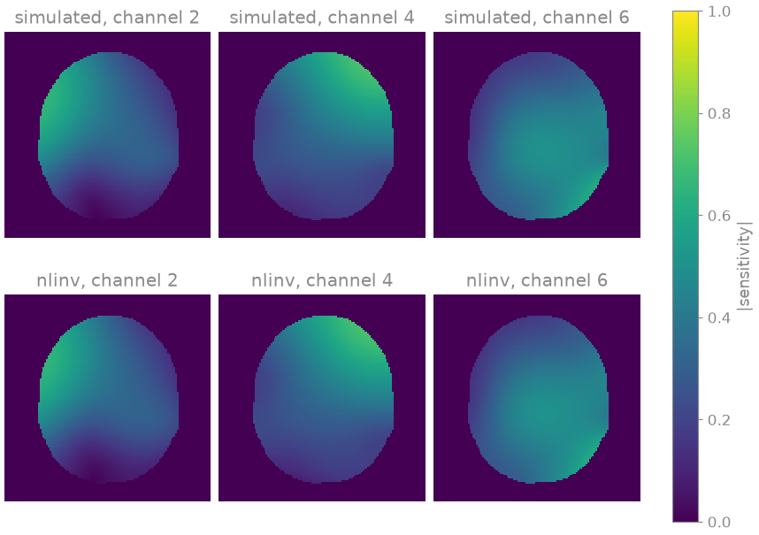 simulated, channel 2, simulated, channel 4, simulated, channel 6, nlinv, channel 2, nlinv, channel 4, nlinv, channel 6