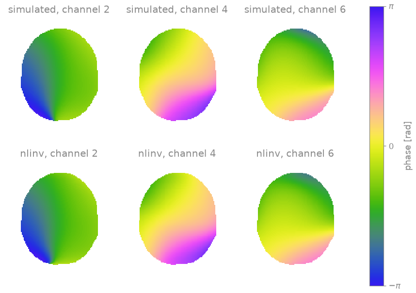 simulated, channel 2, simulated, channel 4, simulated, channel 6, nlinv, channel 2, nlinv, channel 4, nlinv, channel 6