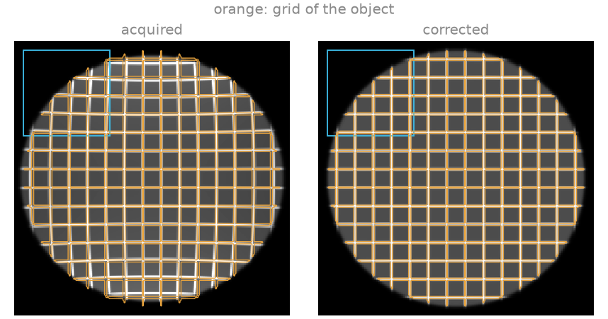 orange: grid of the object, acquired, corrected