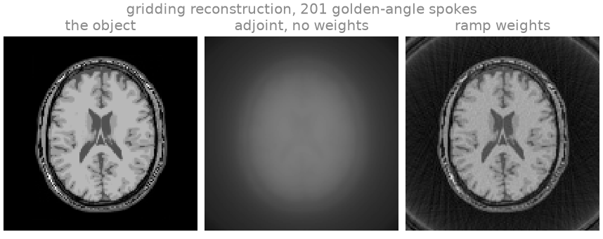 gridding reconstruction, 201 golden-angle spokes, the object, adjoint, no weights, ramp weights
