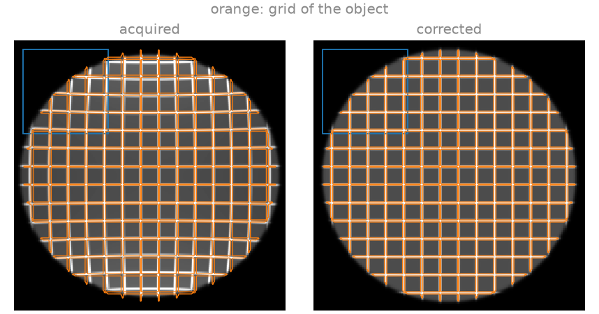 orange: grid of the object, acquired, corrected